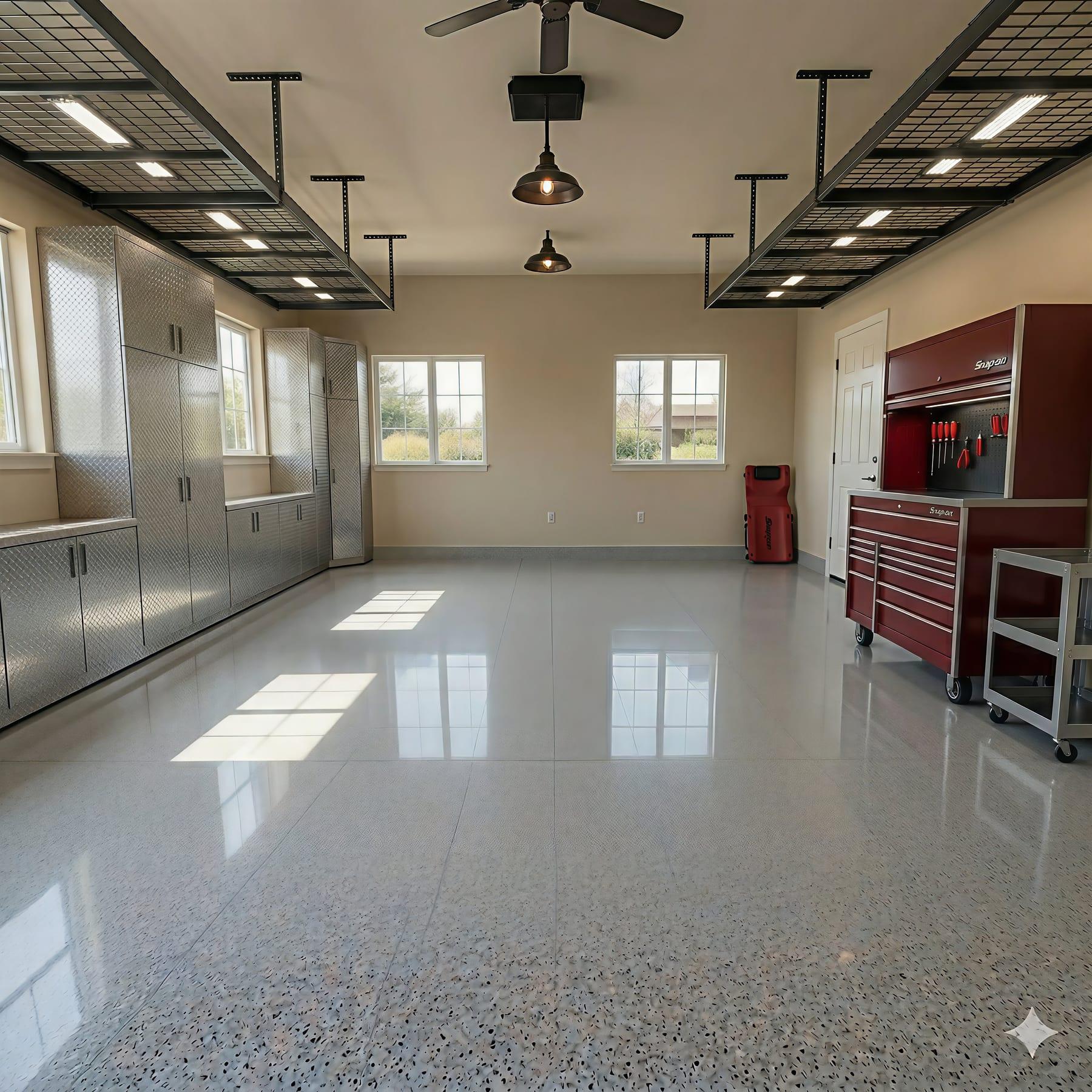 Finished custom garage with premium cabinetry and polished floor